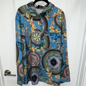 CHICME Women's Plus 3XL Multicolor Geometric Collared Long Sleeve Blouse